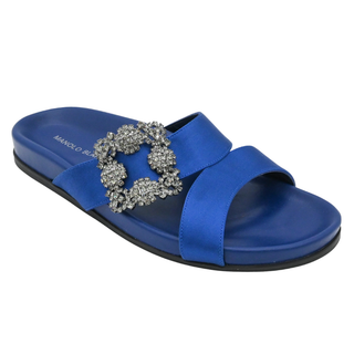 MANOLO BLAHNIK | Chilanghi Blue Satin Jewel Buckle Flat Mules