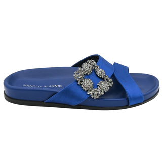 MANOLO BLAHNIK | Chilanghi Blue Satin Jewel Buckle Flat Mules