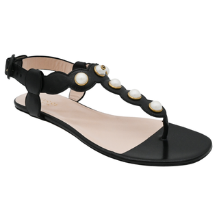 GUCCI | Willow Faux Pearl Black Leather T-Strap Sandals