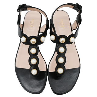 GUCCI | Willow Faux Pearl Black Leather T-Strap Sandals