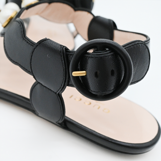 GUCCI | Willow Faux Pearl Black Leather T-Strap Sandals