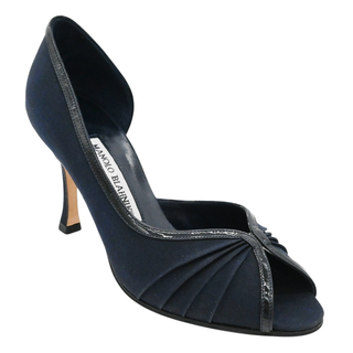 MANOLO BLAHNIK | Navy Ruched Peep Toe Pumps