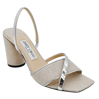 JIMMY CHOO | Beige Linen Metallic Slingback Sandals