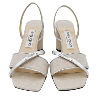 JIMMY CHOO | Beige Linen Metallic Slingback Sandals