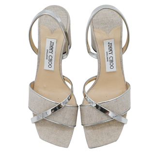 JIMMY CHOO | Beige Linen Metallic Slingback Sandals