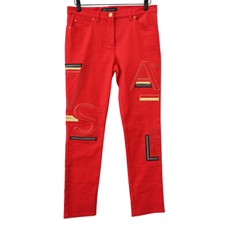 VERSACE | Bright Red 'Versace' Embellished Jeans