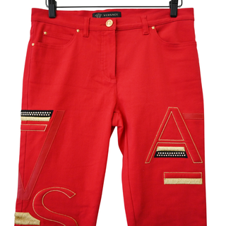 VERSACE | Bright Red 'Versace' Embellished Jeans