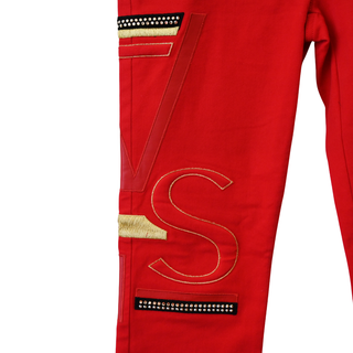 VERSACE | Bright Red 'Versace' Embellished Jeans