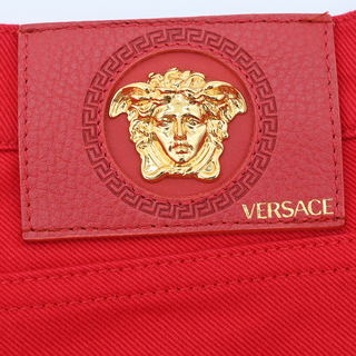 VERSACE | Bright Red 'Versace' Embellished Jeans