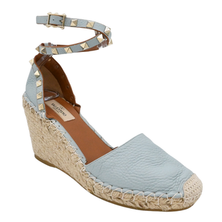 VALENTINO GARAVANI | Light Blue Leather Rockstud Wrap Strap Espadrille Wedges