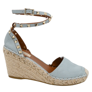 VALENTINO GARAVANI | Light Blue Leather Rockstud Wrap Strap Espadrille Wedges
