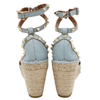 VALENTINO GARAVANI | Light Blue Leather Rockstud Wrap Strap Espadrille Wedges
