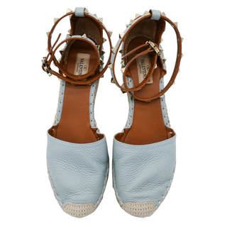 VALENTINO GARAVANI | Light Blue Leather Rockstud Wrap Strap Espadrille Wedges