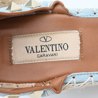 VALENTINO GARAVANI | Light Blue Leather Rockstud Wrap Strap Espadrille Wedges