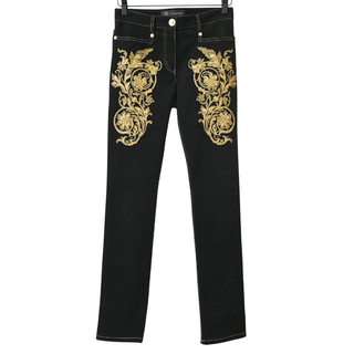 VERSACE | Black Denim Baroque Gold Metallic Embroidered Skinny Jeans