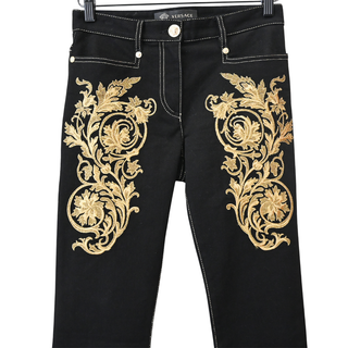 VERSACE | Black Denim Baroque Gold Metallic Embroidered Skinny Jeans