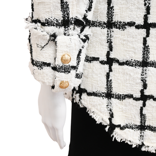 BALMAIN | White & Black Tweed Grid Double-Breasted Jacket