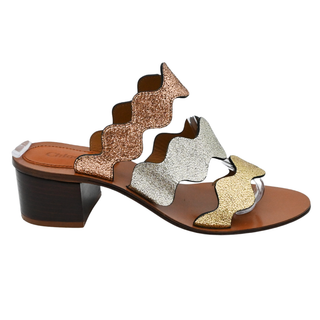 CHLOE | Metallic Scalloped Strap Block Heel Sandals