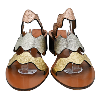 CHLOE | Metallic Scalloped Strap Block Heel Sandals