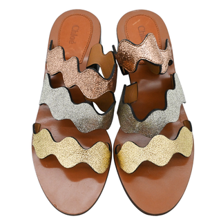 CHLOE | Metallic Scalloped Strap Block Heel Sandals