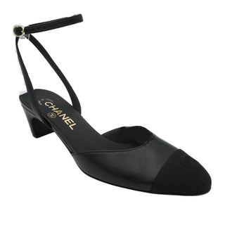 CHANEL | Black Leather Cap Toe CC Strappy Pumps