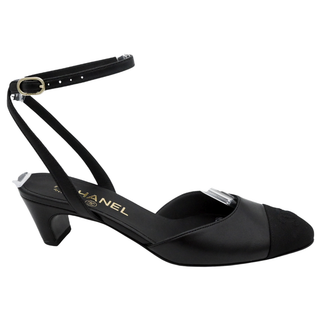 CHANEL | Black Leather Cap Toe CC Strappy Pumps