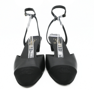 CHANEL | Black Leather Cap Toe CC Strappy Pumps