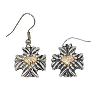 Two-Tone Gold Heart Cross Drop Earrings
