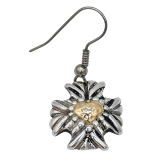Two-Tone Gold Heart Cross Drop Earrings