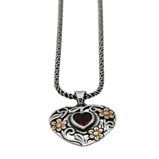 Floral Garnet Heart Pendant Necklace