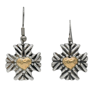 Two-Tone Gold Heart Cross Drop Earrings