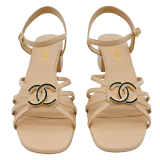 Dark Beige Leather CC Caged Block Heel Sandals