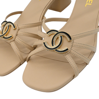 Dark Beige Leather CC Caged Block Heel Sandals