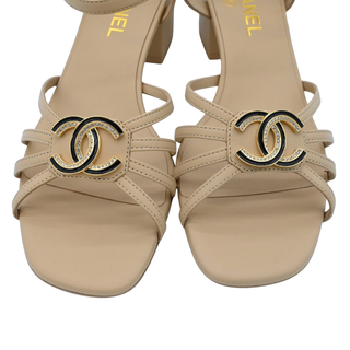 Dark Beige Leather CC Caged Block Heel Sandals