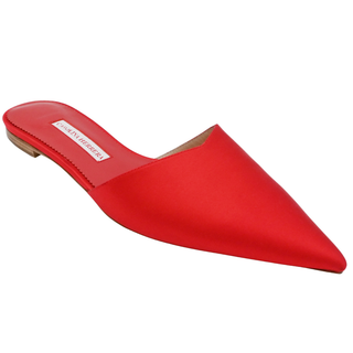 Red Satin Pointed-Toe Mule Flats