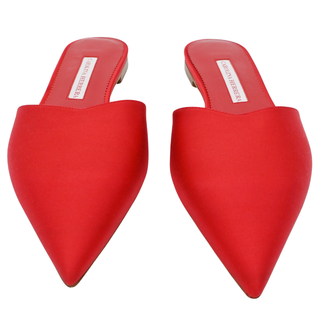 Red Satin Pointed-Toe Mule Flats