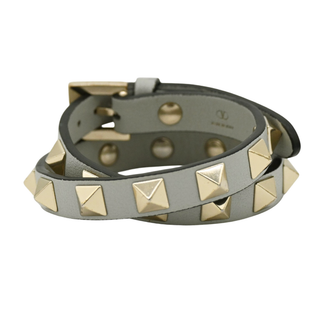 VALENTINO GARAVANI | Gray Leather Rockstud Double Wrap Bracelet