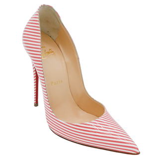 Coral & White Striped Patent Pumps
