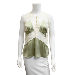Clear Green Lace-Trim Silk Sleeveless Blouse