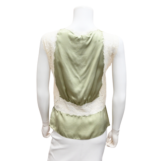 Clear Green Lace-Trim Silk Sleeveless Blouse