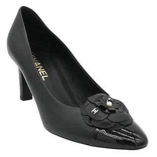 Black Leather Camellia Cap Toe Pumps