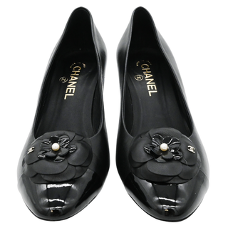 Black Leather Camellia Cap Toe Pumps