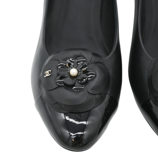 Black Leather Camellia Cap Toe Pumps