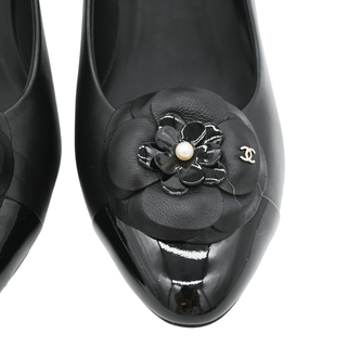 Black Leather Camellia Cap Toe Pumps