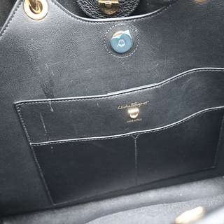 FERRAGAMO | Black Pebbled Leather Glam Top Handle Bag