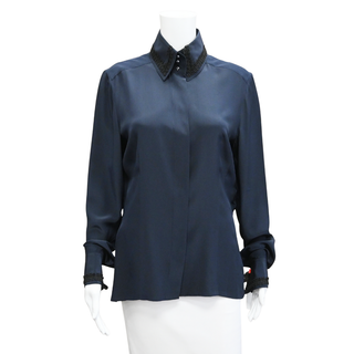 CHANEL | Navy Silk CC Embellished Collar Button-Up Blouse