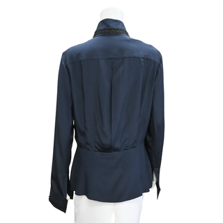 CHANEL | Navy Silk CC Embellished Collar Button-Up Blouse