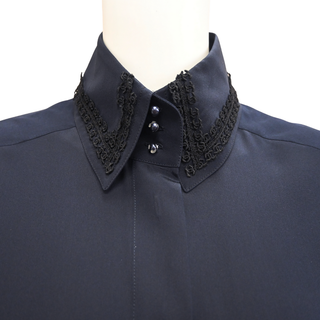 CHANEL | Navy Silk CC Embellished Collar Button-Up Blouse