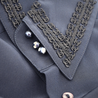 CHANEL | Navy Silk CC Embellished Collar Button-Up Blouse