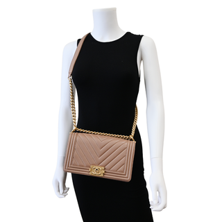 CHANEL | Dark Beige Chevron Quilted Boy Flap Bag